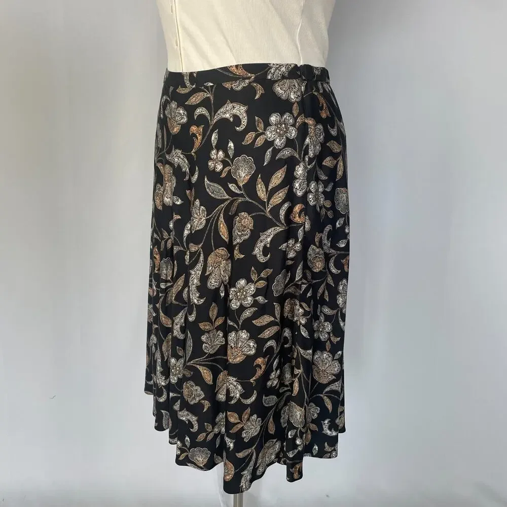 J Jill A Line Skirt Size Large Black Tan Floral Minimal Long Midi Boho Spring